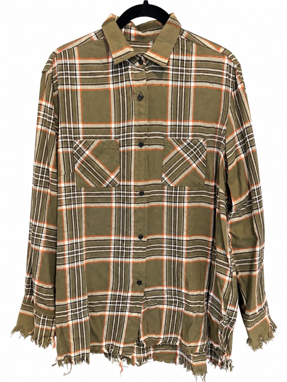 One24 Rags Olive Plaid Shirt with Raw Hem